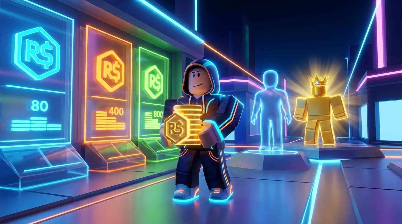 Roblox character with Robux currency display and pricing tiers in neon storefront
