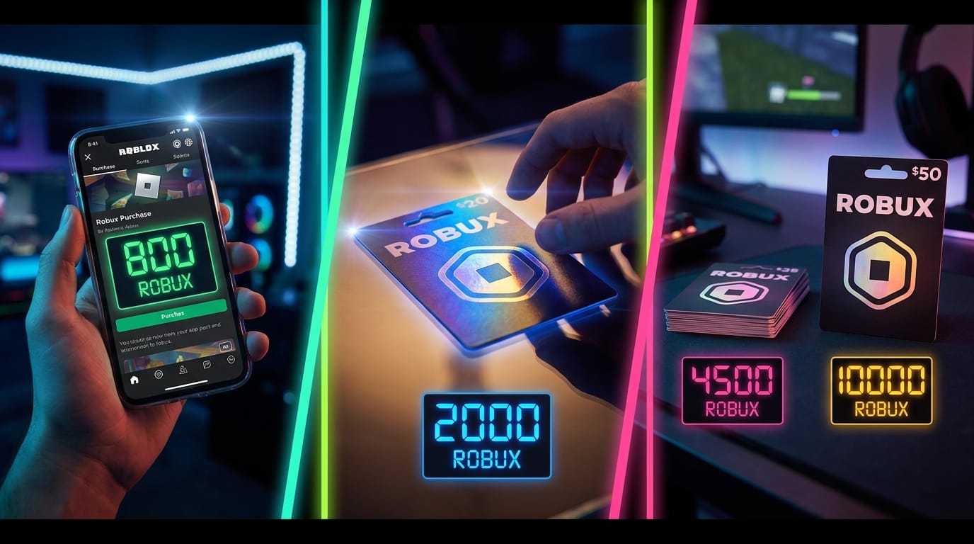 Three Robux purchase methods displayed: direct purchase app, single $50 gift card, and dual $25 cards