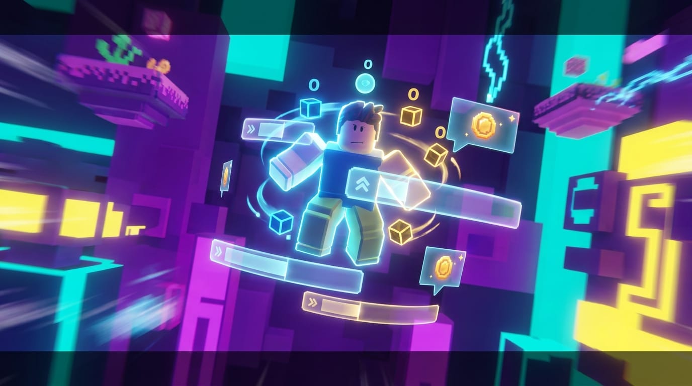 Roblox player character actively gaming with floating Robux rewards and progression indicators