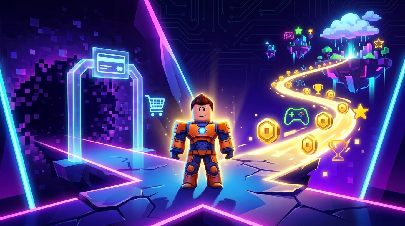 Roblox character at crossroads between spending money and earning Robux through gameplay