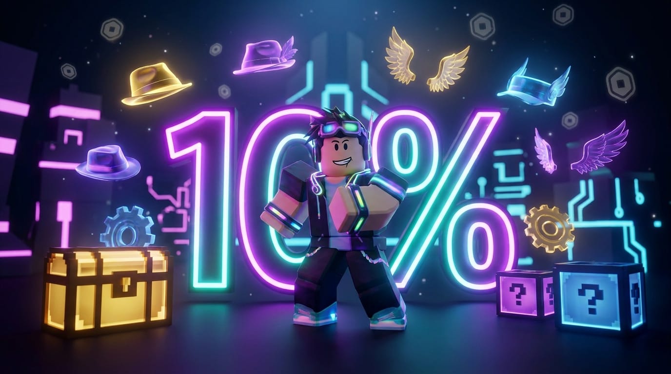 Roblox avatar with 10% discount symbol and floating cosmetic items