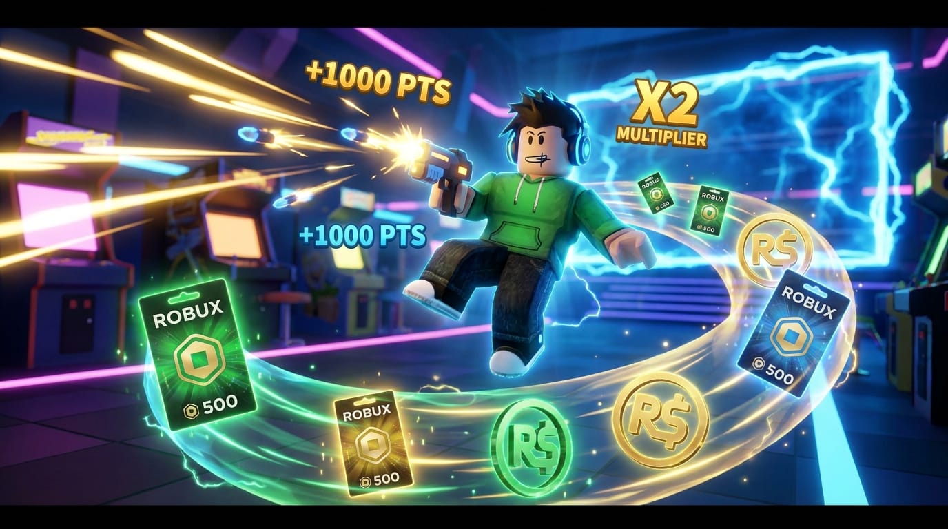 Roblox avatar earning rewards and Robux through gameplay activities