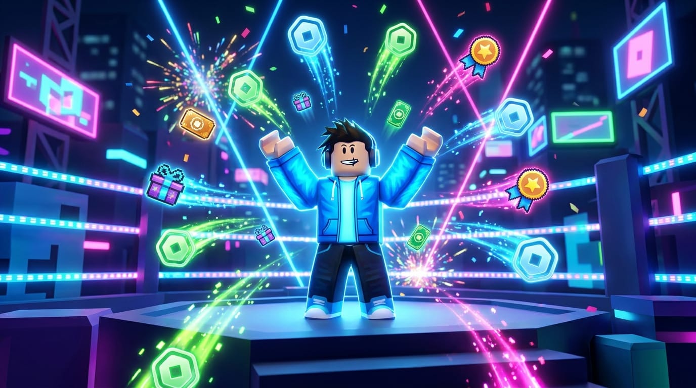 Victorious avatar surrounded by falling Robux rewards and gift cards