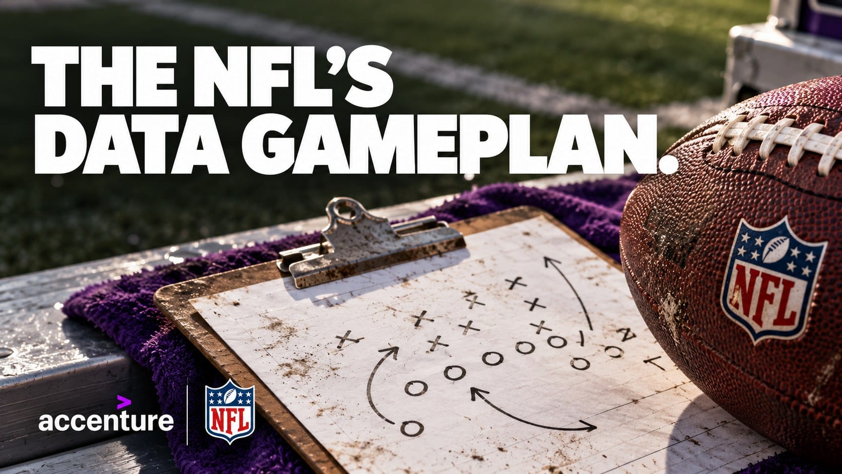The NFL’s data gameplan. Editorial illustration of a football and scouting clipboard with Accenture and NFL logos.