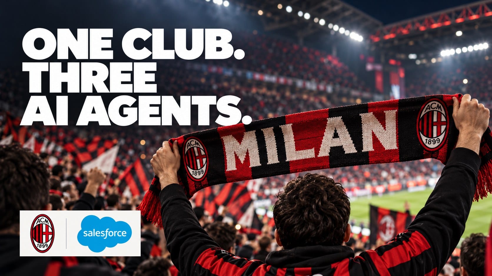 One club. Three AI agents. Editorial illustration of an AC Milan supporter holding a scarf, with AC Milan and Salesforce logos.