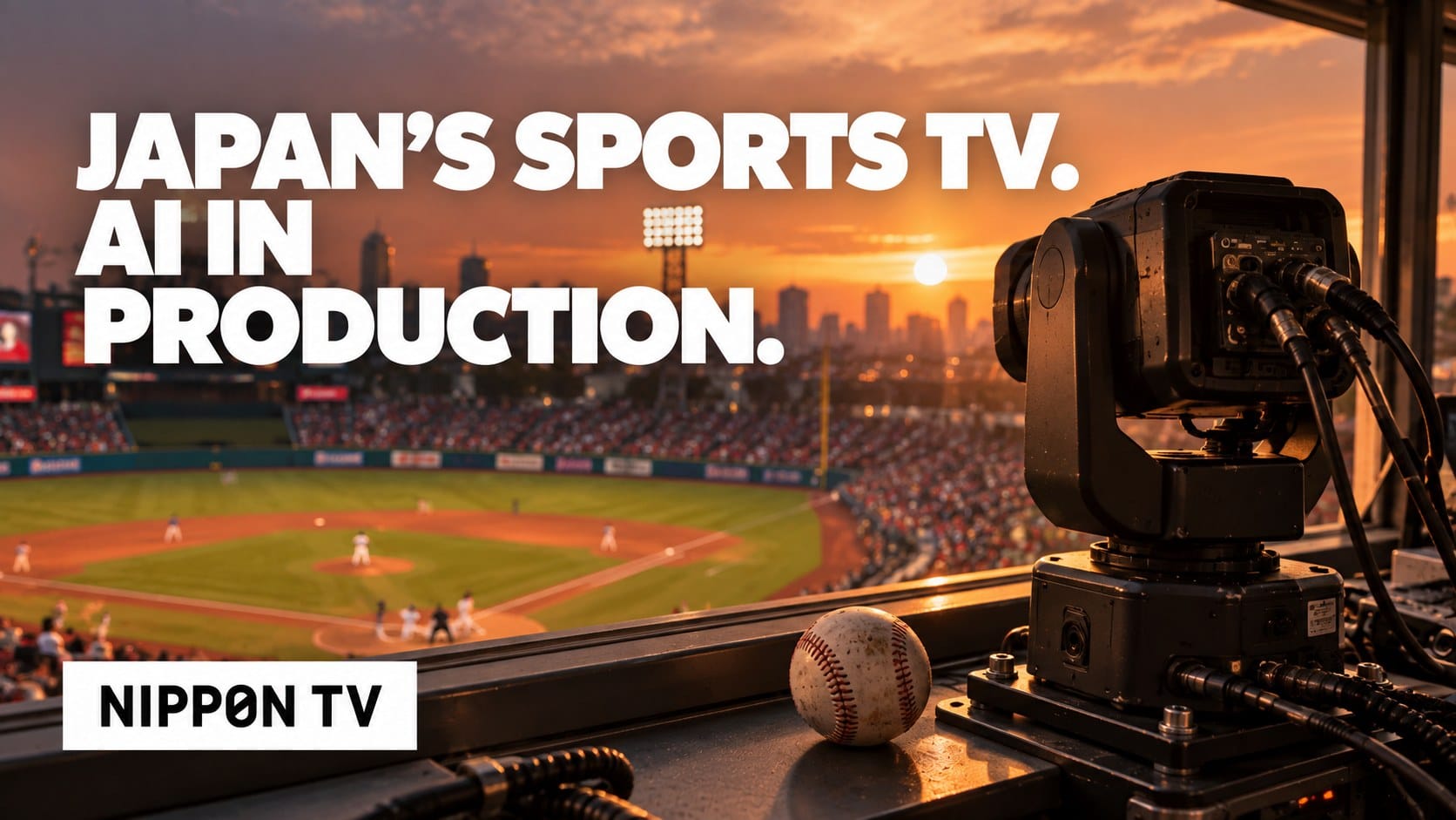 Japan’s sports TV. AI in production. Conceptual editorial illustration of a mounted broadcast camera overlooking baseball, with the Nippon TV logo.