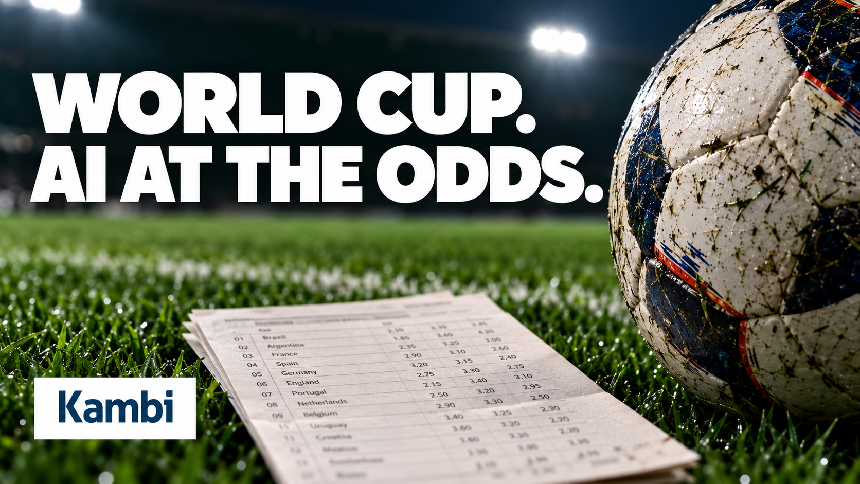World Cup. AI at the odds. Editorial illustration of a football and betting odds sheet with the Kambi logo.