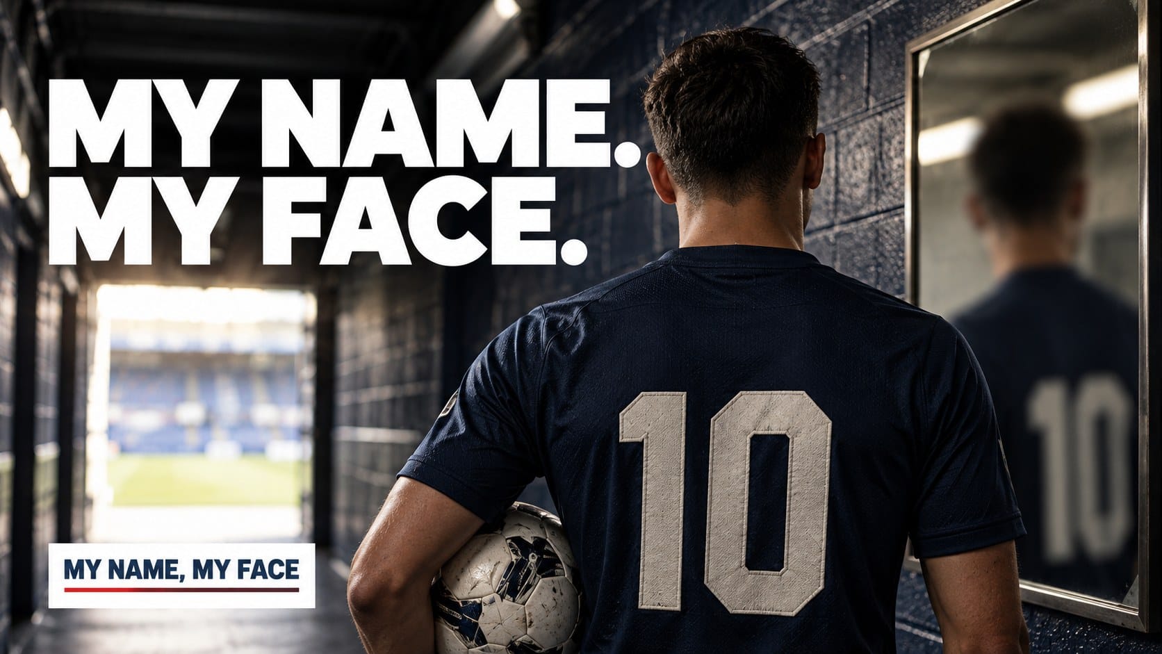 My name. My face. Conceptual editorial illustration of an anonymous footballer in a tunnel, representing athlete likeness rights.