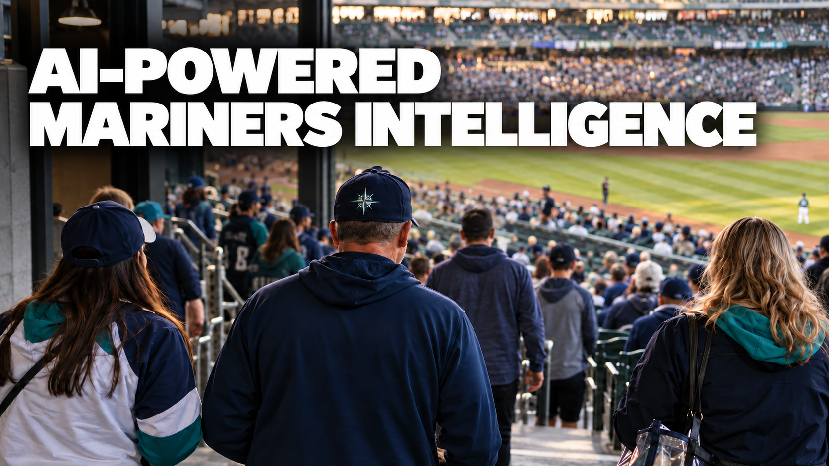 Illustrative Seattle baseball fan scene with headline: AI-Powered Mariners Intelligence.
