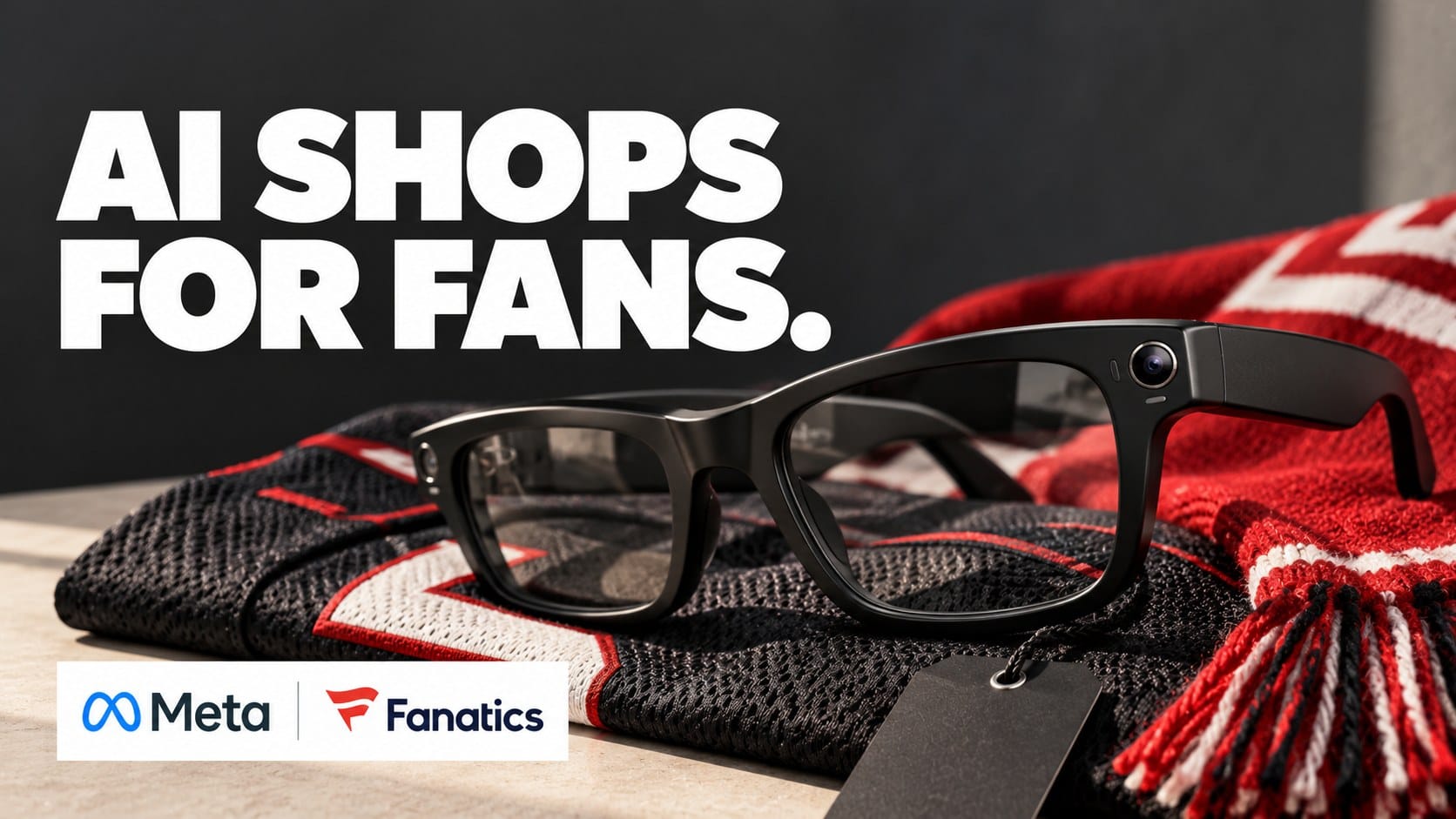 AI shops for fans. Editorial illustration of smart glasses and sports merchandise with Meta and Fanatics logos.