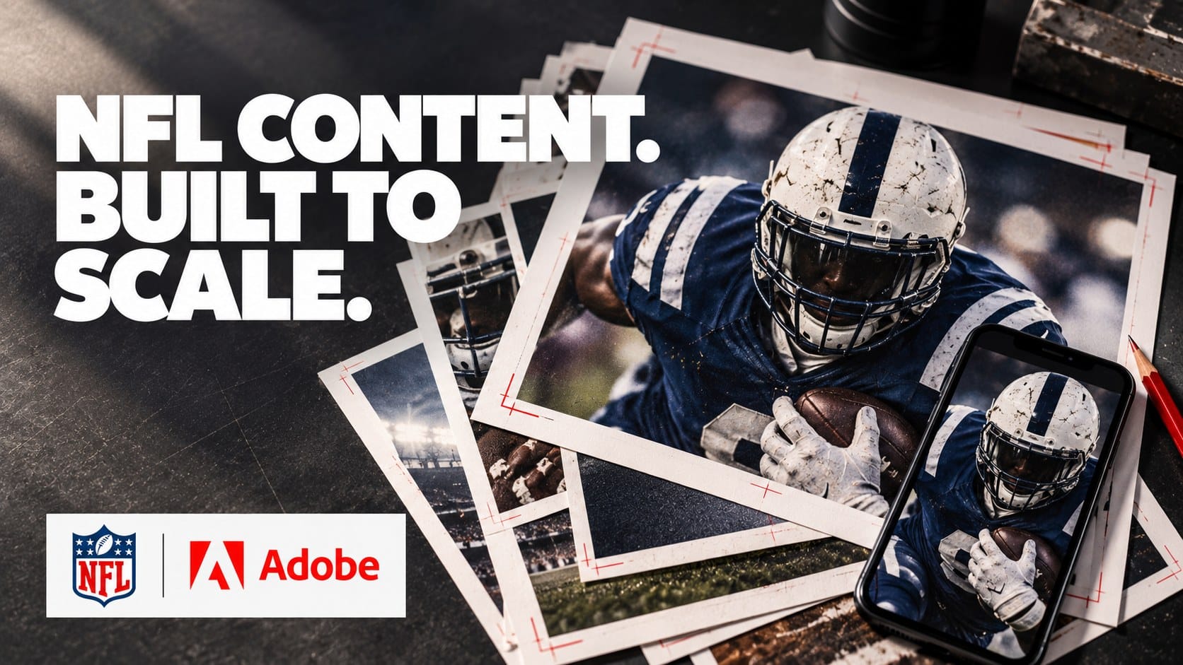 NFL content. Built to scale. Editorial illustration of football creative assets in print and phone formats, with NFL and Adobe logos.