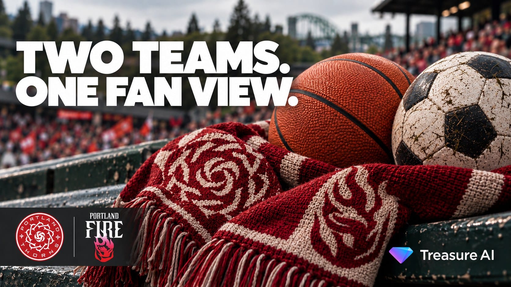 Two teams. One fan view. Editorial illustration of a soccer ball, basketball and supporter scarf, with Portland Thorns, Portland Fire and Treasure AI logos.