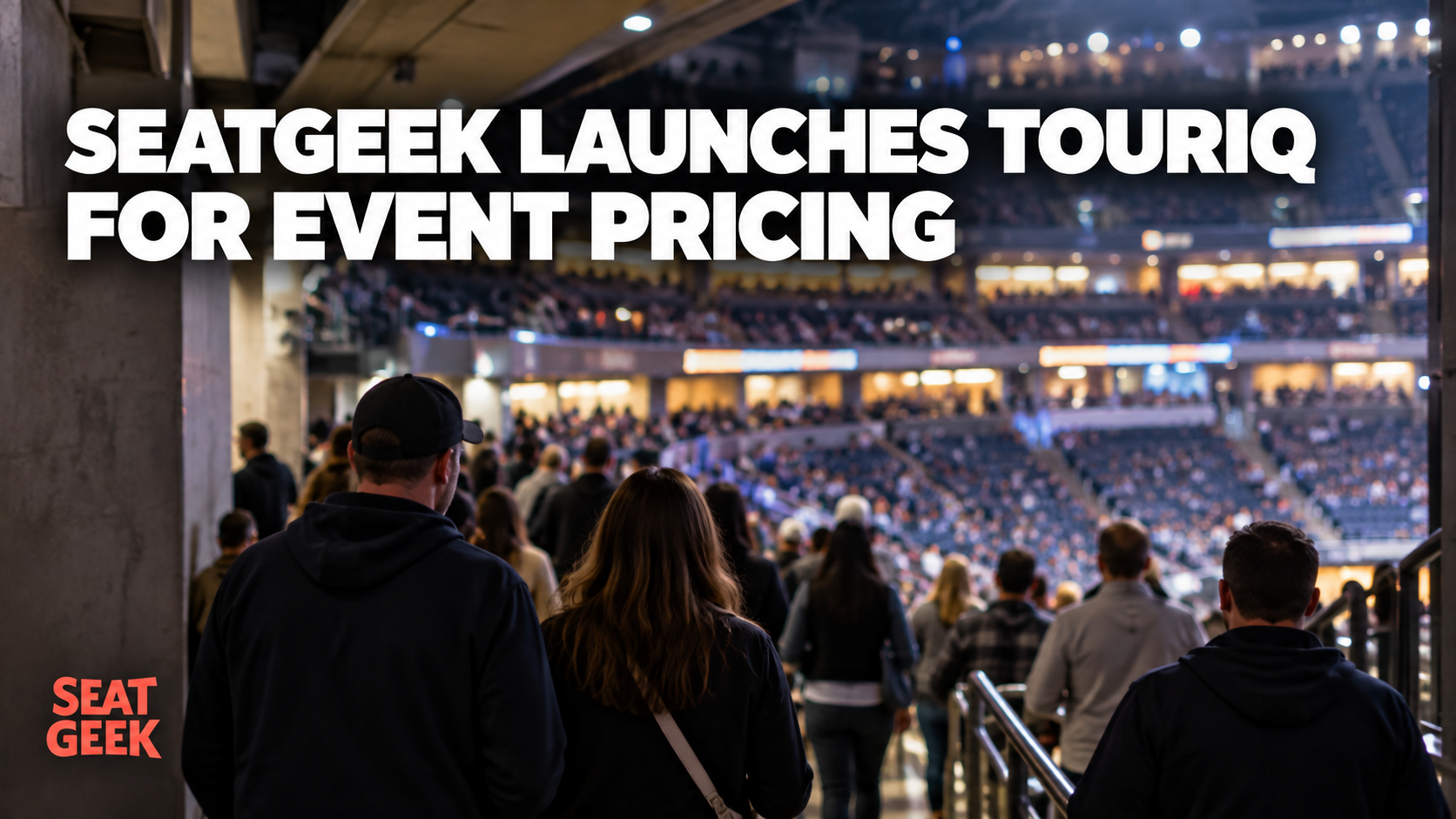 Illustrative crowd entering a multipurpose venue with the SeatGeek logo and headline SeatGeek Launches TourIQ for Event Pricing.