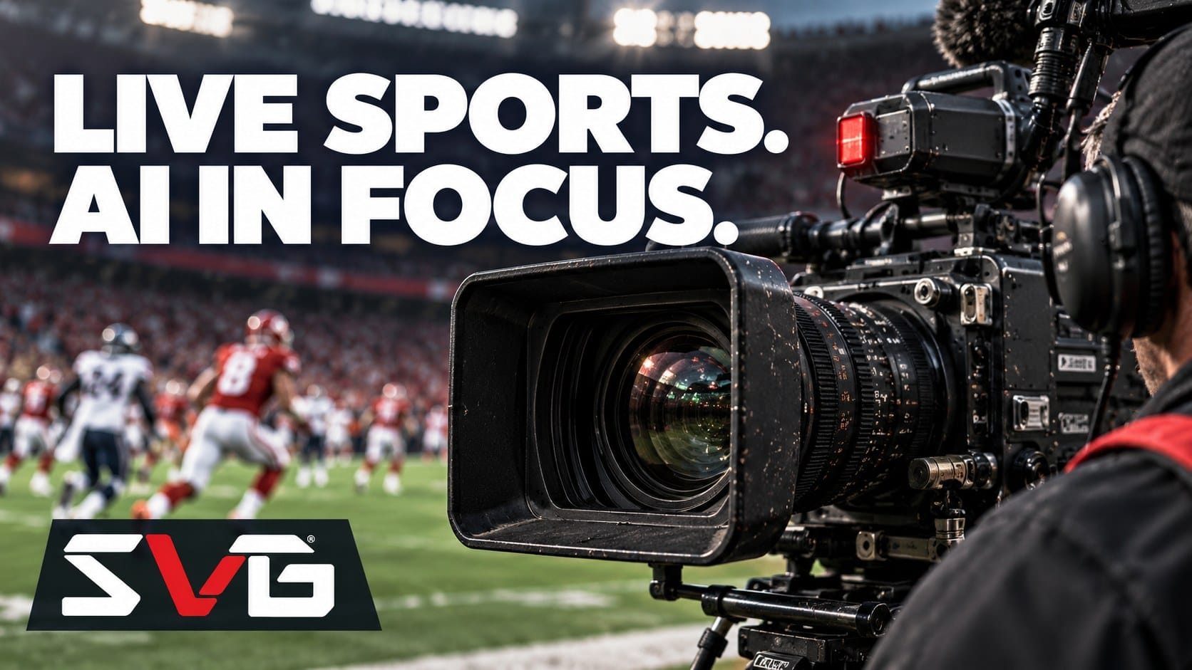 Live sports. AI in focus. Editorial illustration of a sideline broadcast camera and operator with the Sports Video Group logo.
