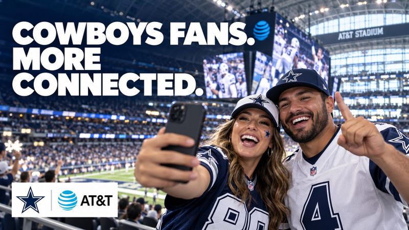 Cowboys fans. More connected. Editorial illustration of supporters taking a stadium selfie with Dallas Cowboys and AT&T logos.