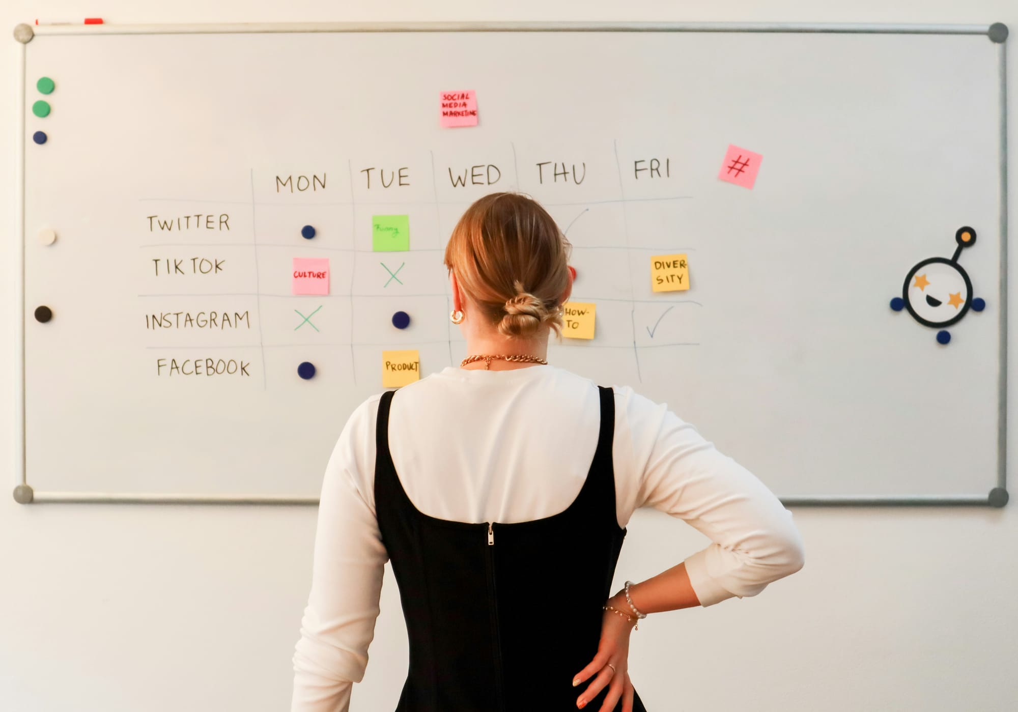 woman looking at publishing schedule and thinking about Content Creation Workflow