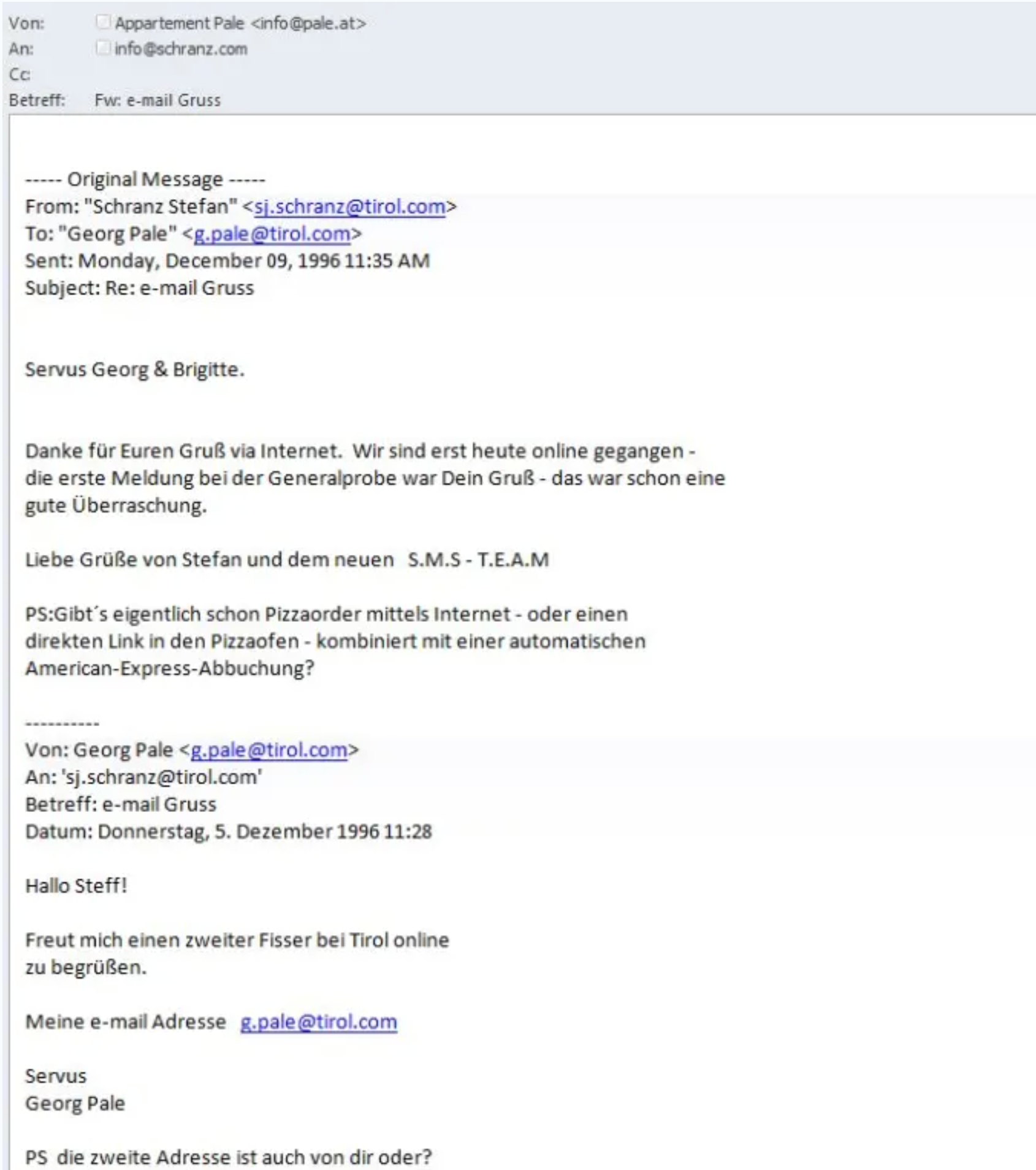 Mein Erstes eMail vor 20 Jahren – am 9. Dez. 1996. #B19