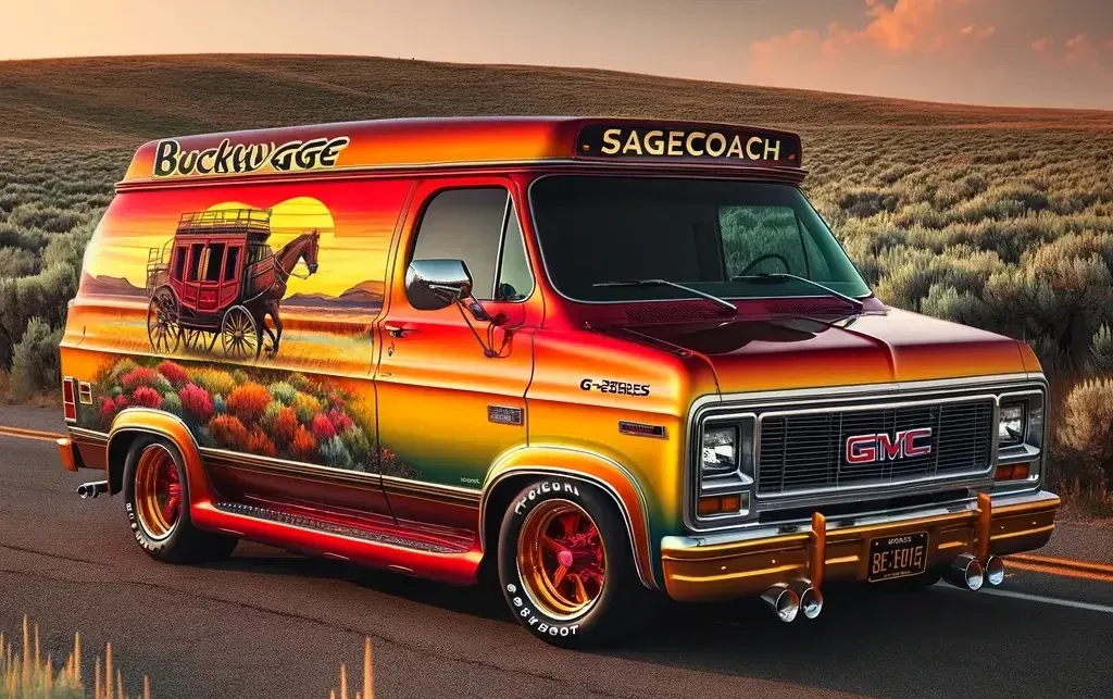 Custom GMC van with sunset and desert landscape airbrushing, featuring a bucking horse and stagecoach design, parked on desert road.