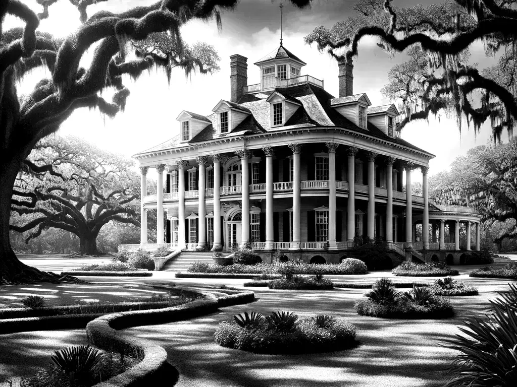 Black and white illustration of Magnolia Hall, a grand Southern mansion with white columns, mansard roof, and surrounding oak trees draped in Spanish moss.