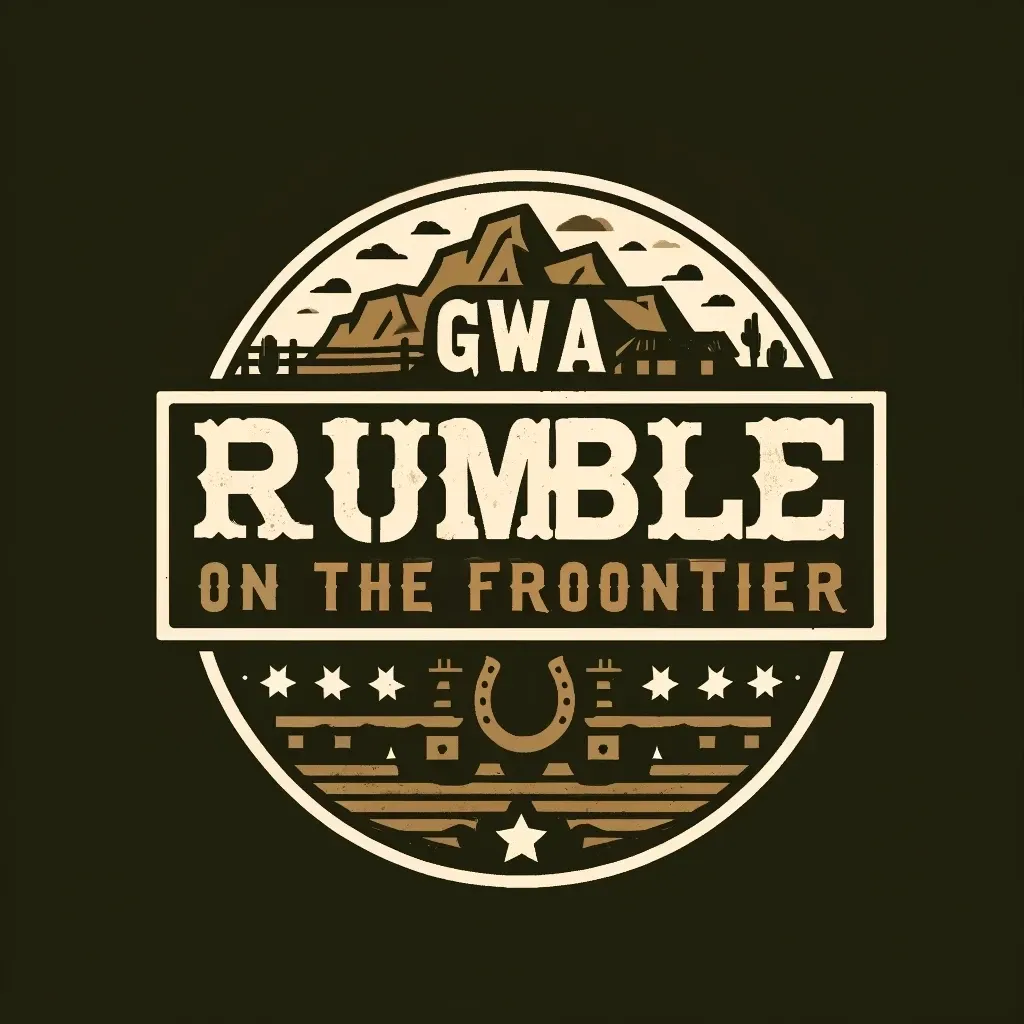 GWA Rumble on the Frontier circular logo with mountains, horseshoe, stars, and Western imagery on dark background.