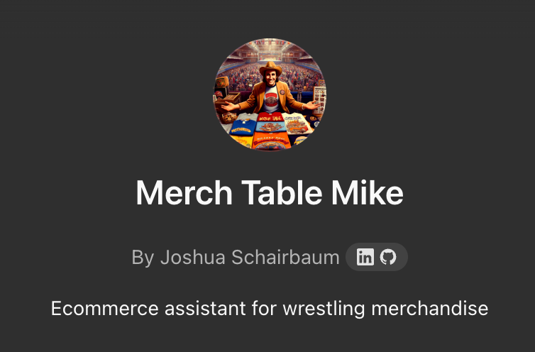 Merch Table Mike portrait showing a wrestler in ring attire seated at a merchandise table with crowd in background.