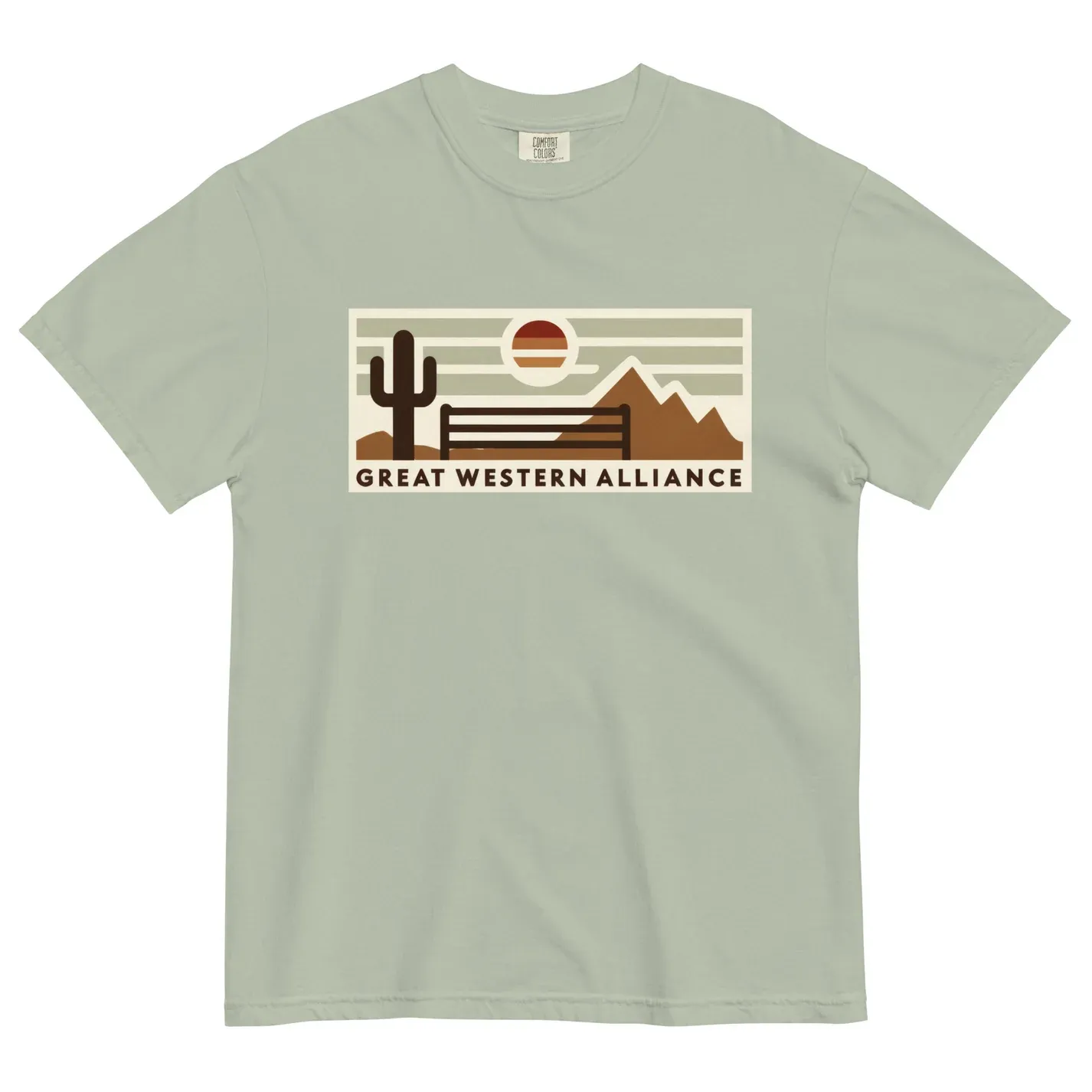 Sage green t-shirt featuring a retro desert landscape with saguaro cactus, mountains, and sun within a rectangular frame above "GREAT WESTERN ALLIANCE" text.