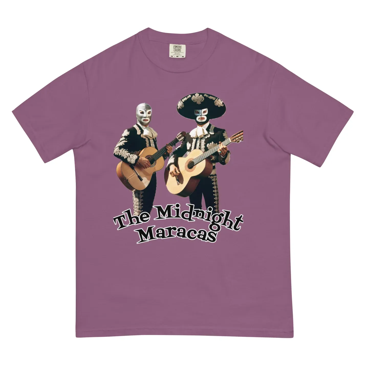 Purple t-shirt featuring two masked wrestlers in black and gold mariachi outfits playing acoustic guitars, labeled "The Midnight Maracas."