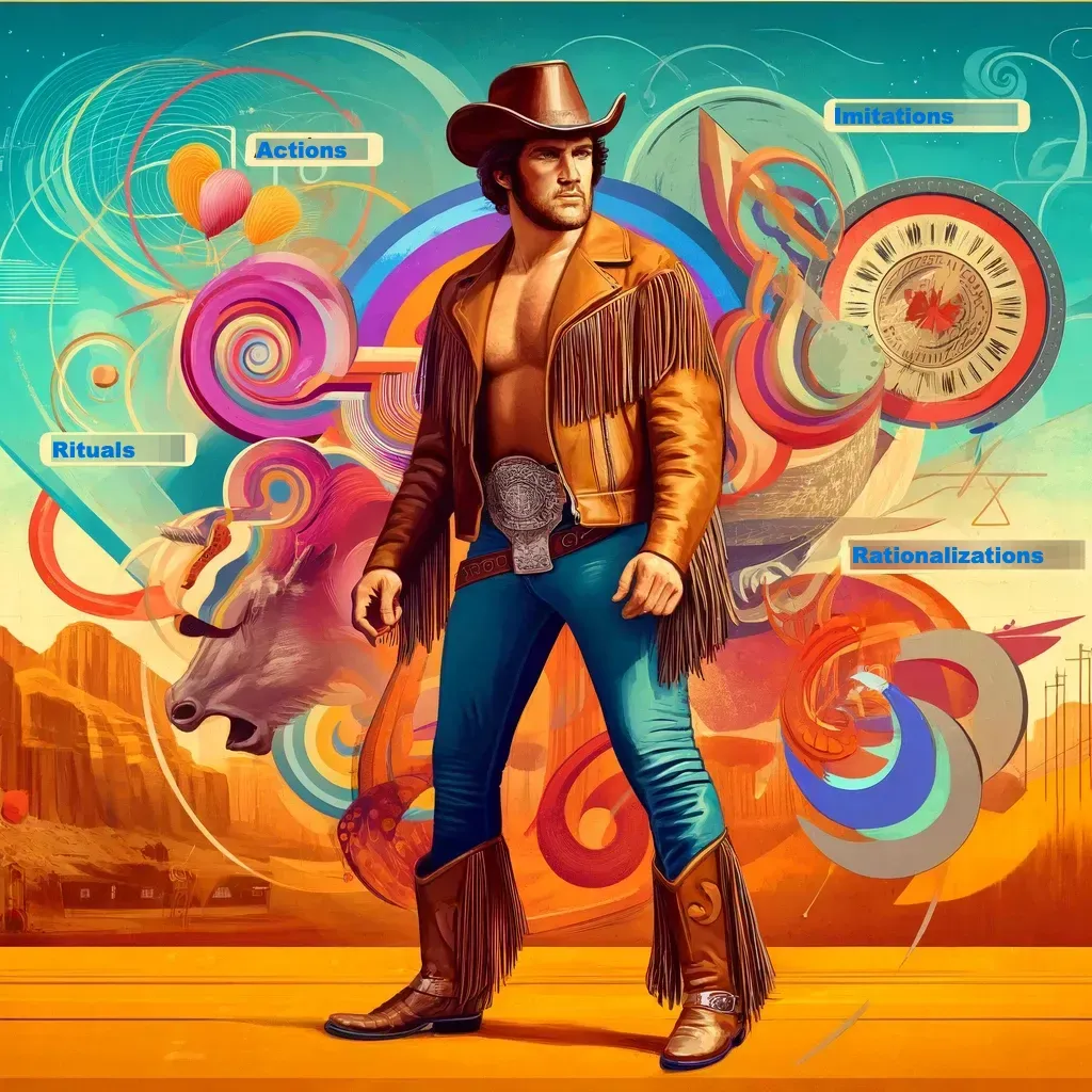 Illustrated 1950s-era wrestler in brown fringe jacket and cowboy hat stands confidently against colorful abstract background with geometric shapes and desert landscape.