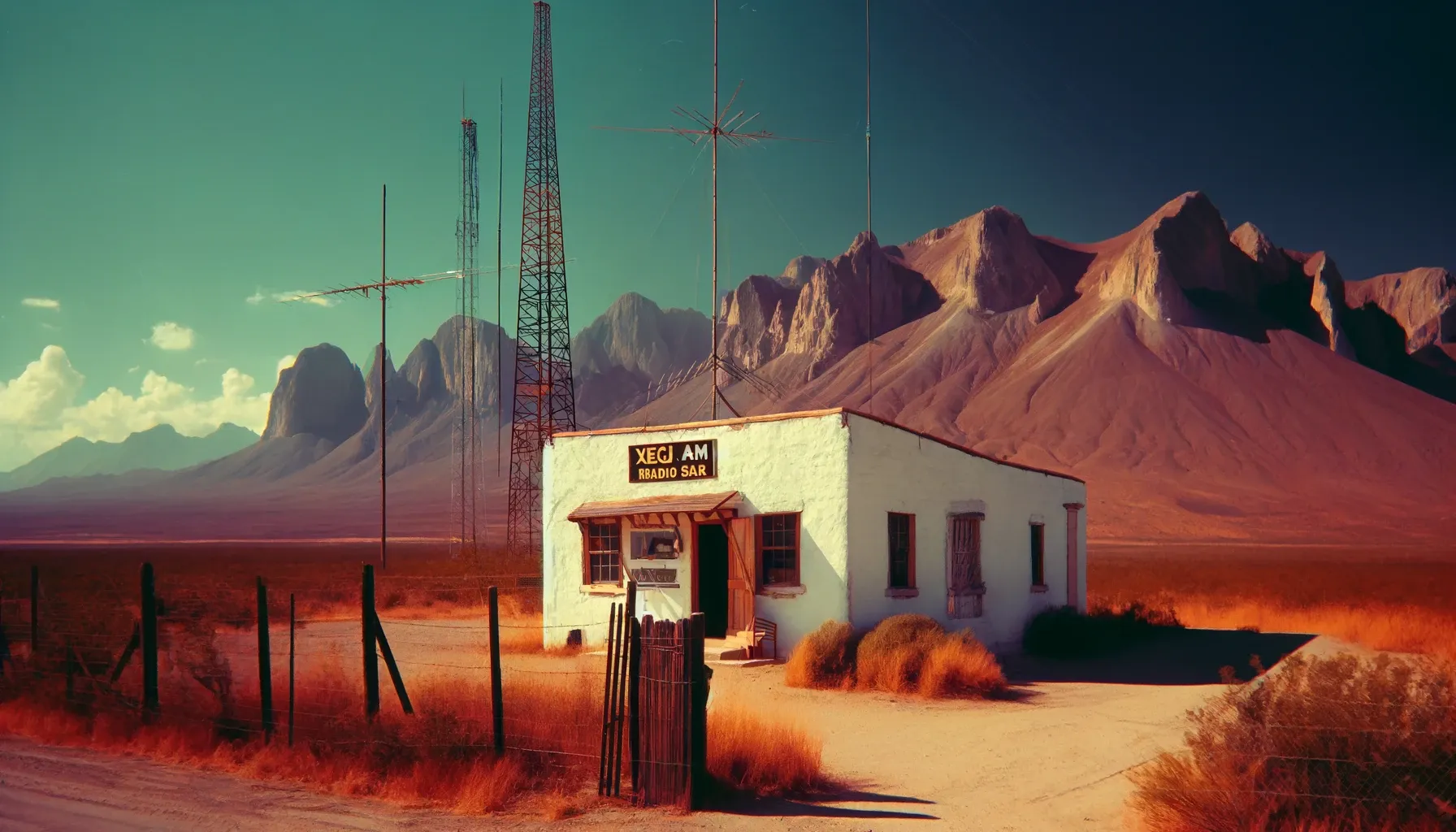 Desert radio station building with transmission towers and mountains in background, stylized vintage illustration.