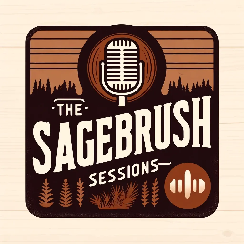 Vintage-style logo for "The Sagebrush Sessions" podcast featuring a microphone in a circular frame surrounded by forest silhouettes and wheat stalks in brown and cream colors.
