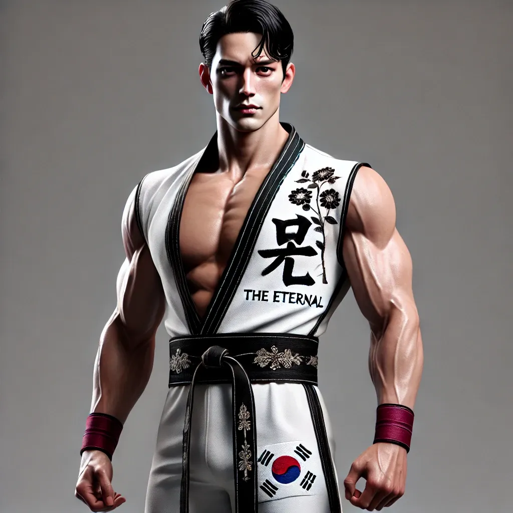 Daniel Kim in white martial arts gi with black trim and South Korean flag, wearing wrist wraps and championship belt against gray background.