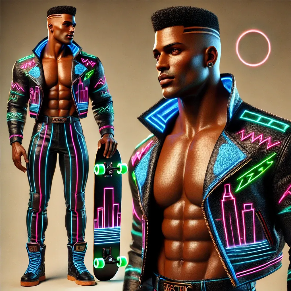 "Electric" Steve Neon in neon-trimmed black jacket and striped pants holds a skateboard, posing against tan background with pink neon circle.
