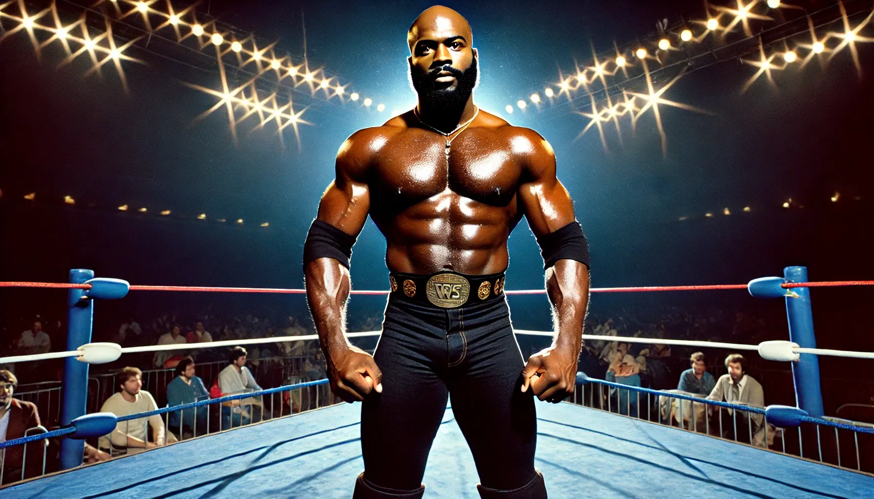 Jive Jackson stands in a wrestling ring wearing a championship belt, displaying a confident stance under bright stadium lights.