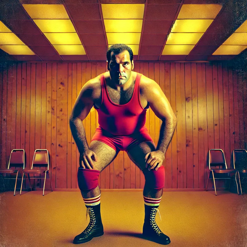 "Tough Tony" Toscanelli in red wrestling singlet and black boots, posed in a wrestling stance in a retro-lit gymnasium.