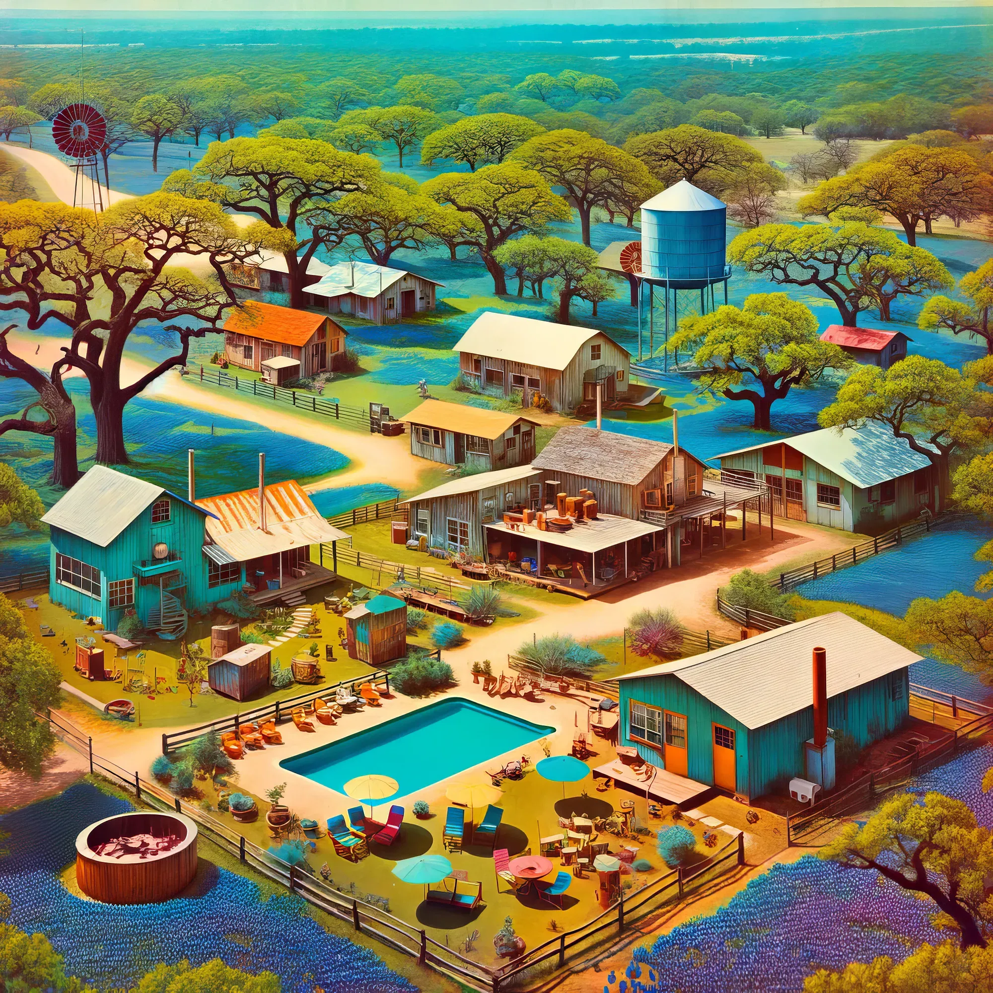 1958 painting of Redwoods Retreat grounds featuring ranch buildings, swimming pool, water towers, and trees in vibrant colors.