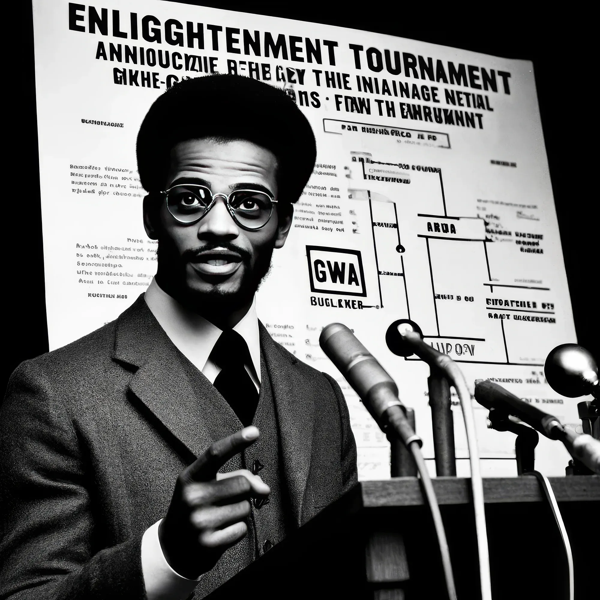 Harold Langston in glasses and suit gestures at a tournament bracket poster with microphones in front of him.