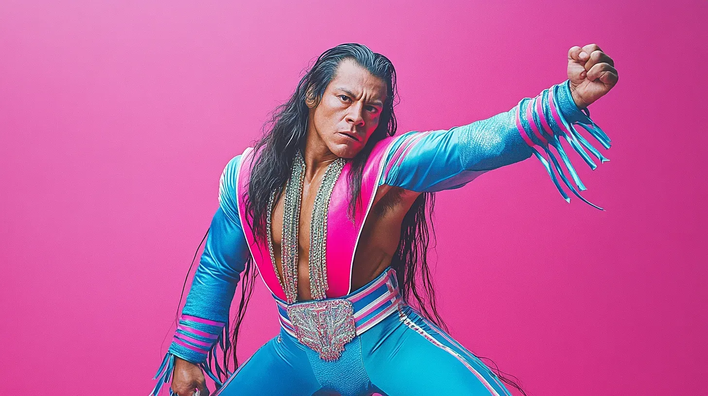 Jesse Stardust in vibrant blue and pink wrestling attire with fringe details, striking an aggressive pose against a hot pink background.