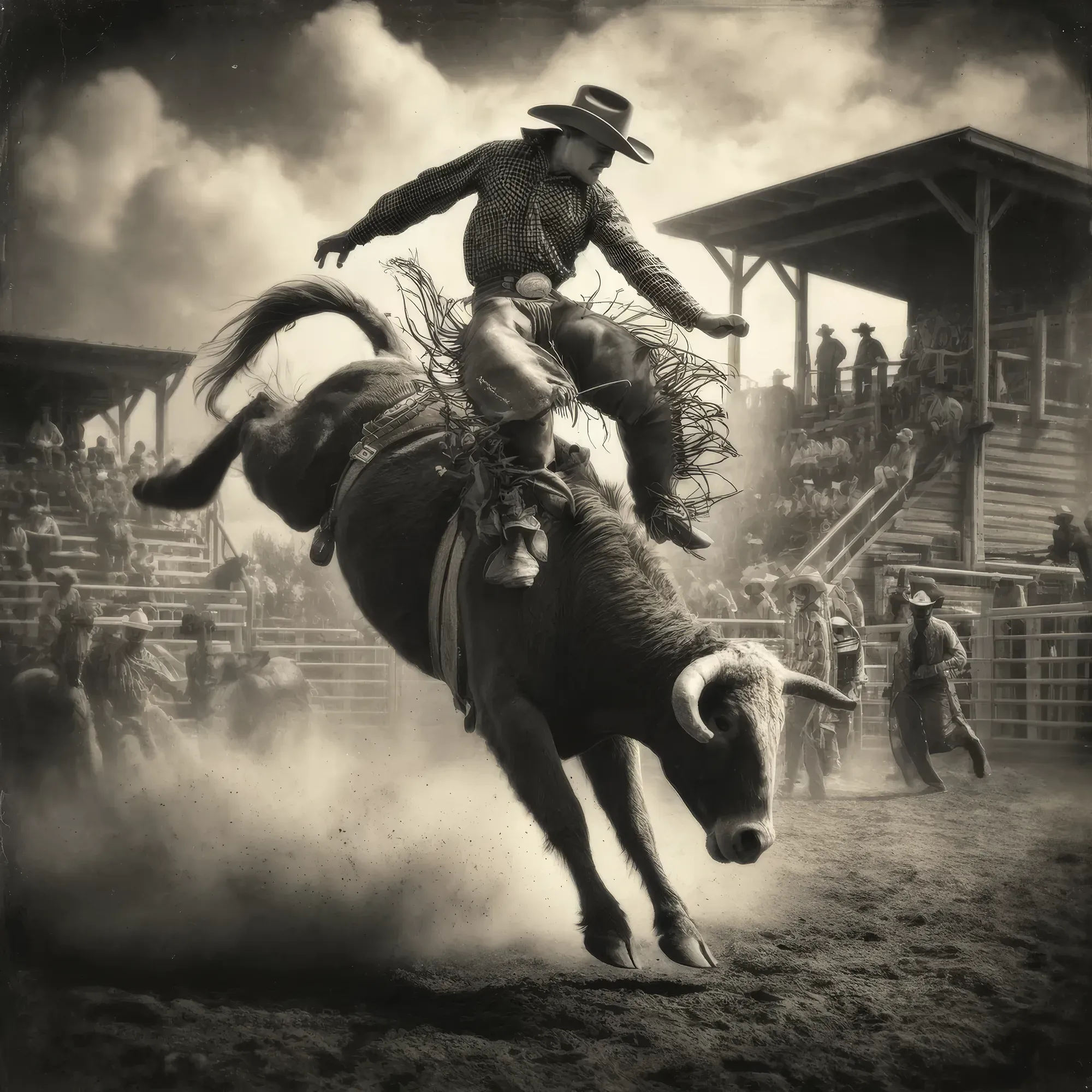 Wayne Frontier in cowboy hat and checkered shirt rides a bucking bull in a rodeo arena with spectators in bleachers behind him.