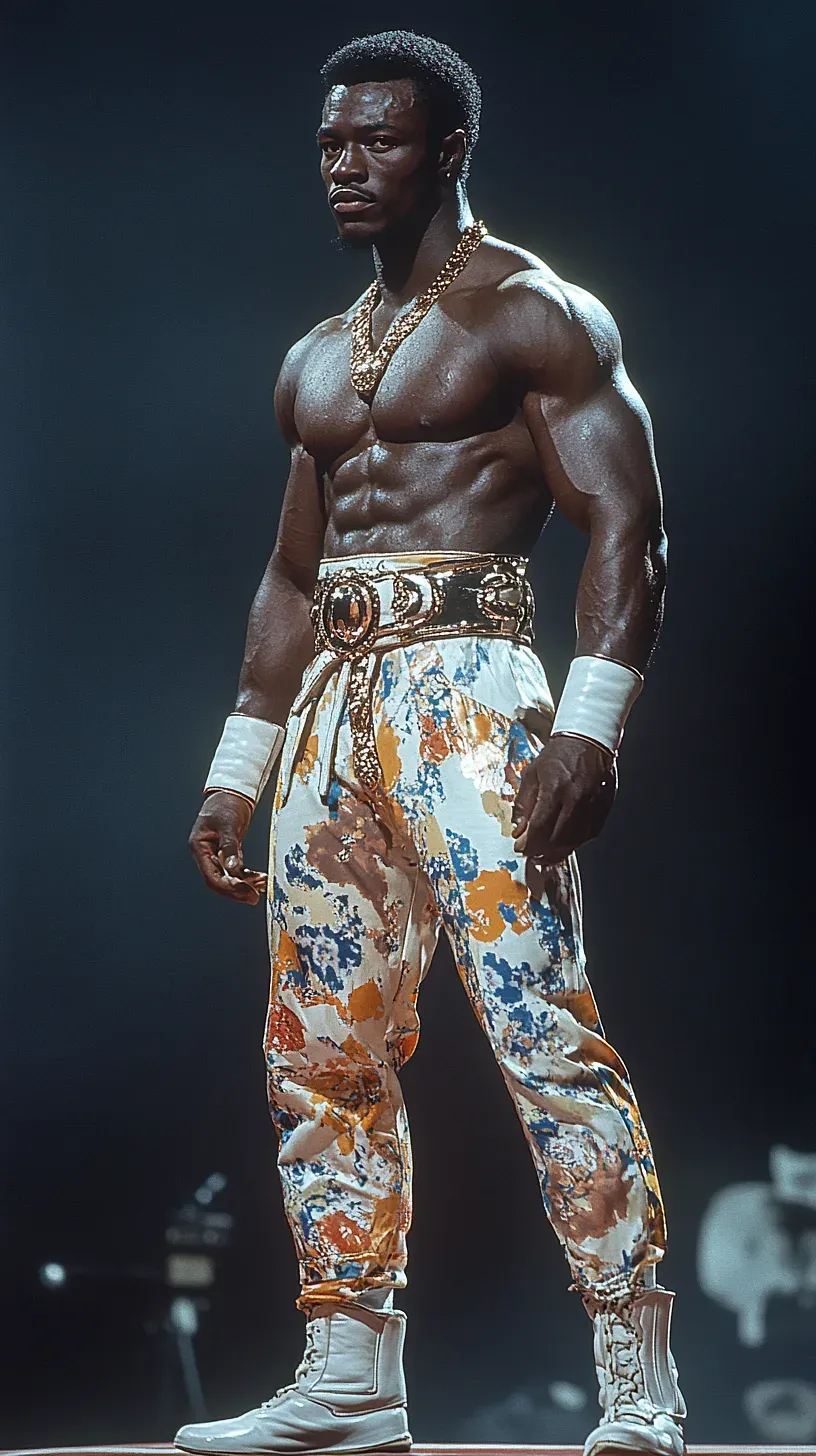 Jean Savage stands shirtless in patterned pants and ornate belt, wearing white wristbands and boots against a dark background.