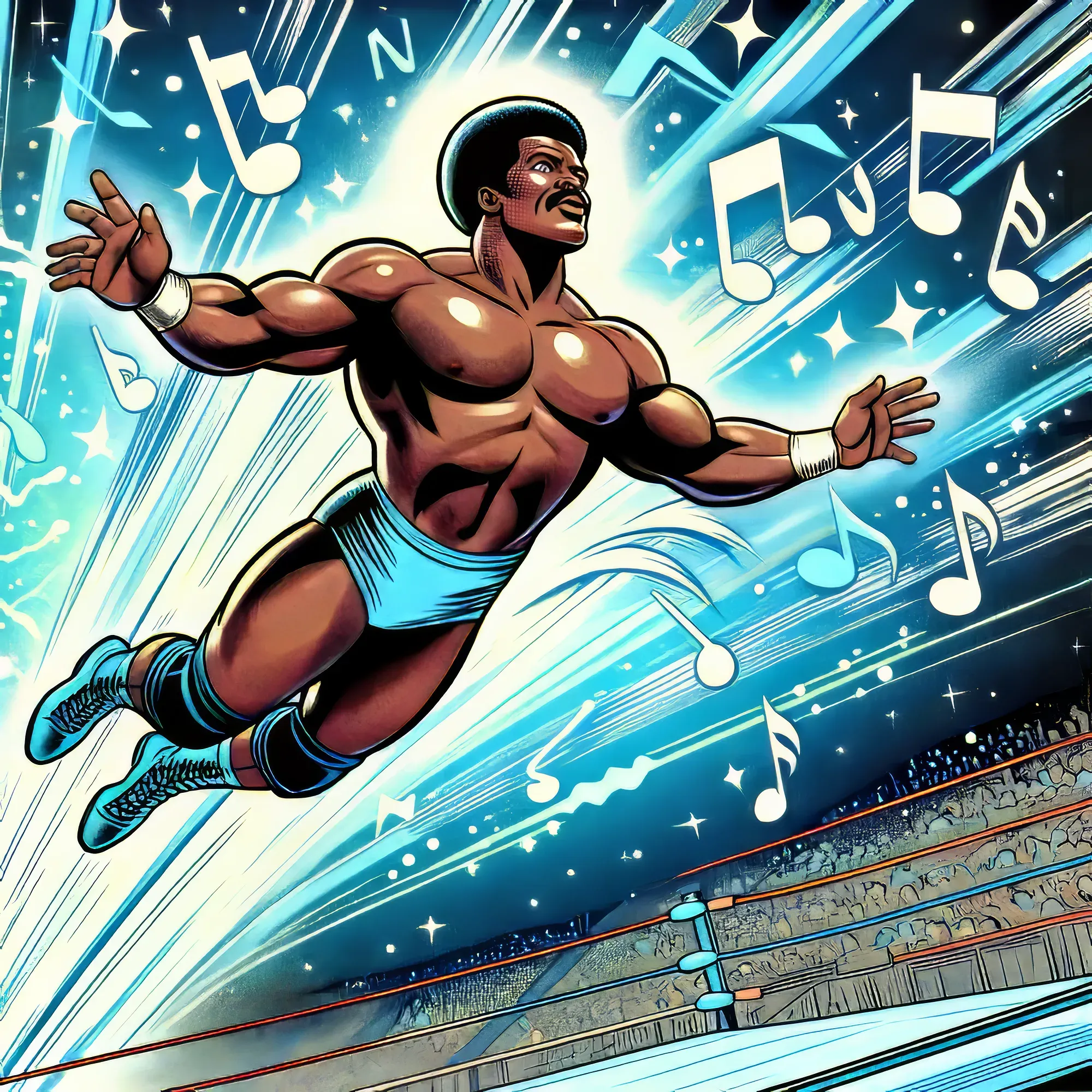 Muscular wrestler in blue shorts and wristbands posed dynamically against blue background with musical notes and stars.