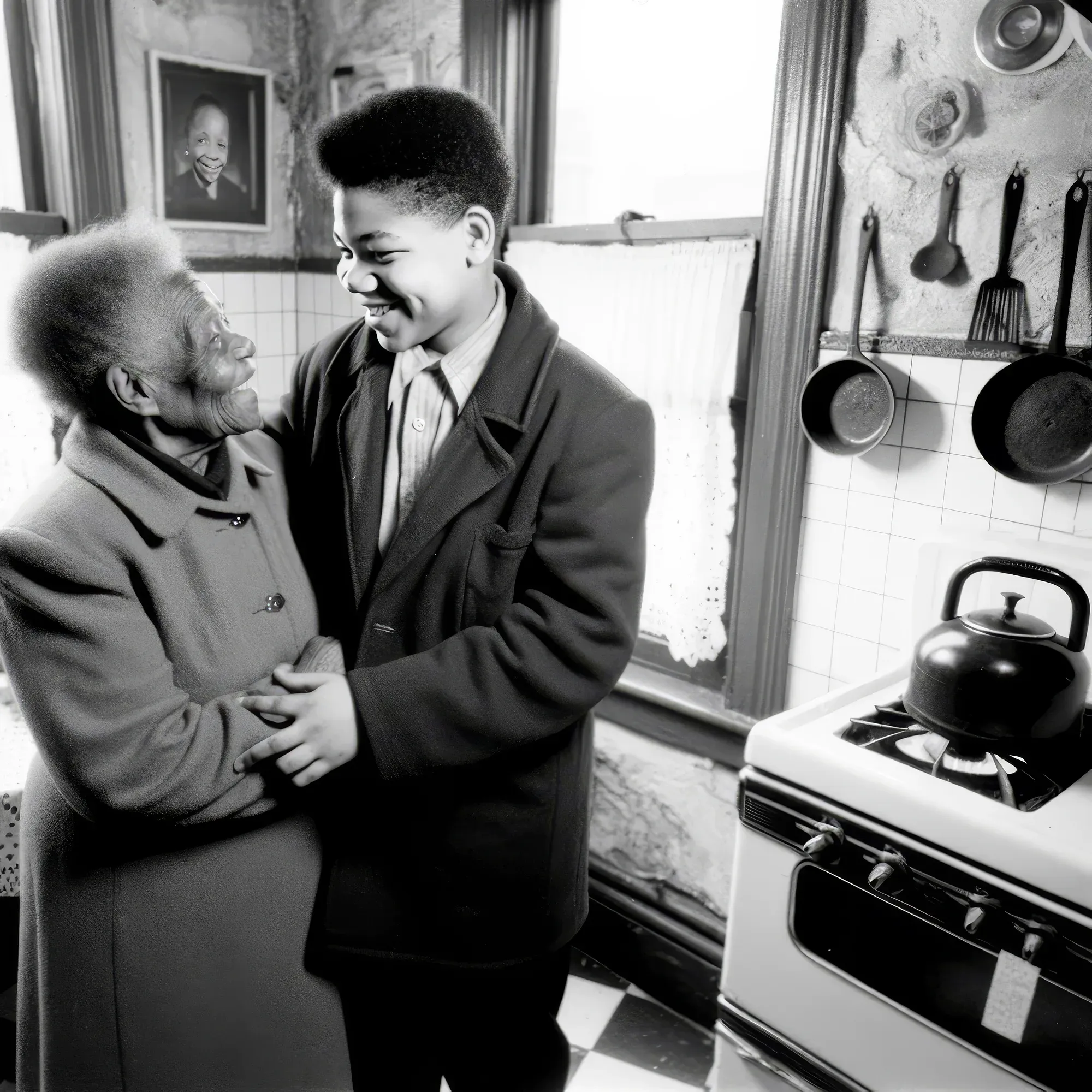 James Washington smiles while embracing an older man in a 1950s kitchen with vintage stove and cooking utensils.