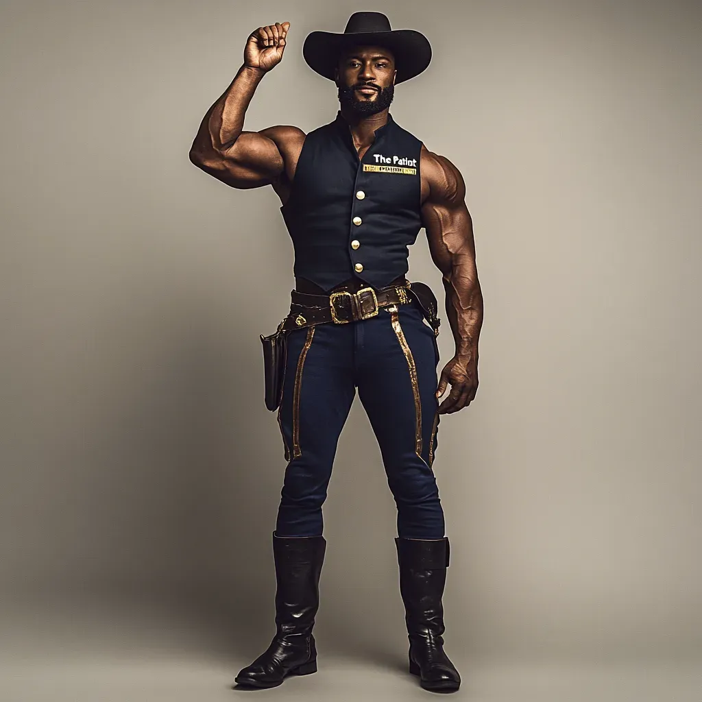 "The Patriot" Paul Johnson in black cowboy attire with fist raised, wearing a decorated vest and belt against a neutral background.