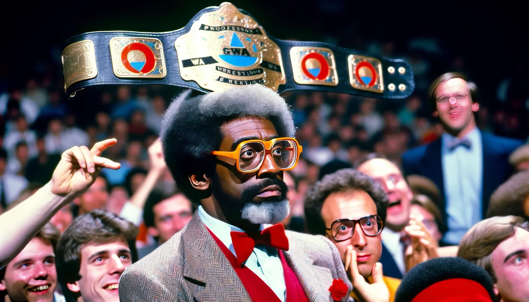 Harold Langston wearing orange glasses and red bow tie holds a championship belt above his head while smiling at the crowd in an arena.