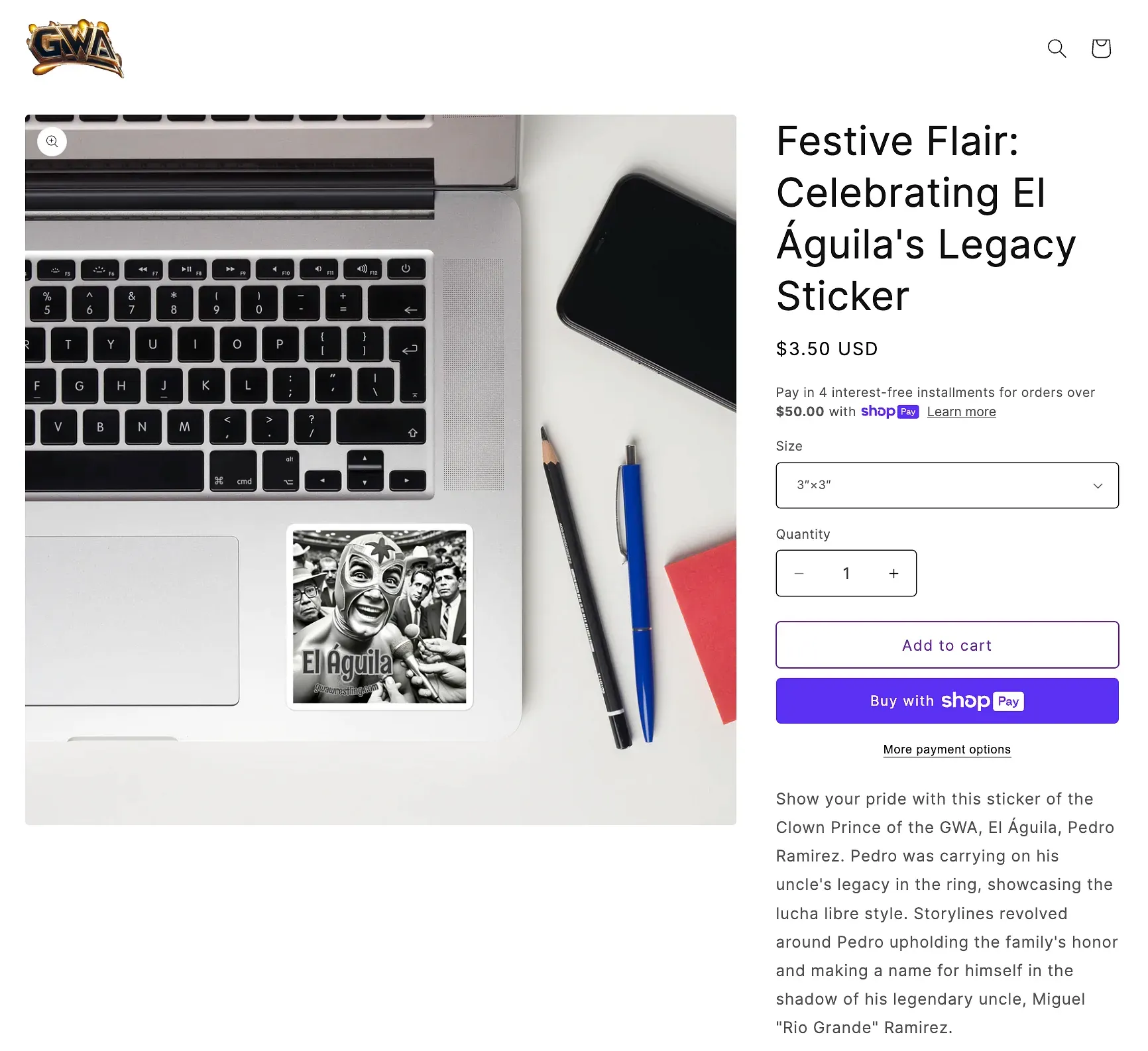 Festive Flair: Celebrating El Águila's Legacy Sticker product page showing a 3"x3" sticker priced at $3.50 USD with quantity selector and purchase buttons.