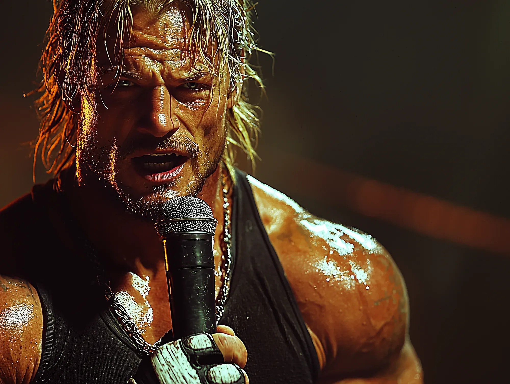 "Loose Cannon" Jack Steele holds a microphone while covered in sweat and glitter, wearing a black sleeveless shirt and pearl necklace under dramatic golden lighting.
