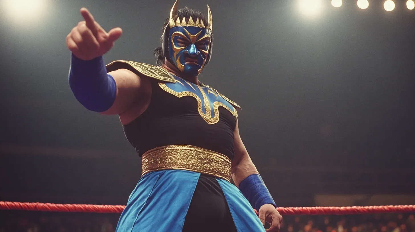 Masked wrestler in blue and gold costume with horned crown mask poses in wrestling ring pointing toward camera.