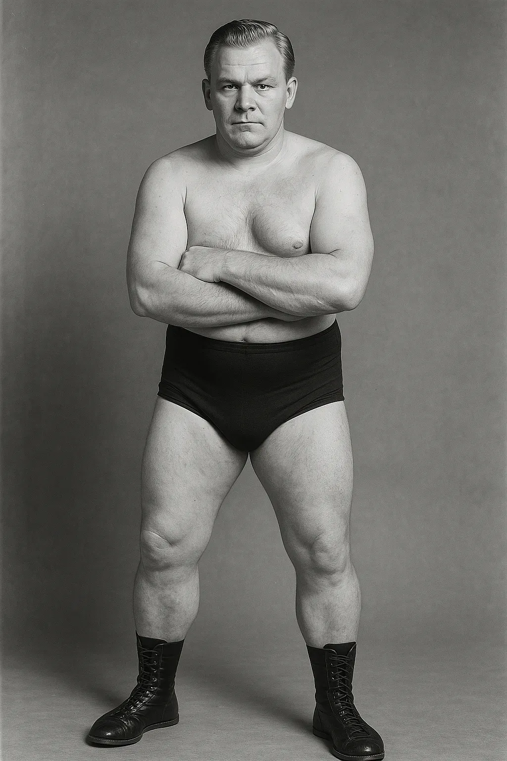 Erik Thorgeson stands with arms crossed in wrestling attire and lace-up boots against a plain background.
