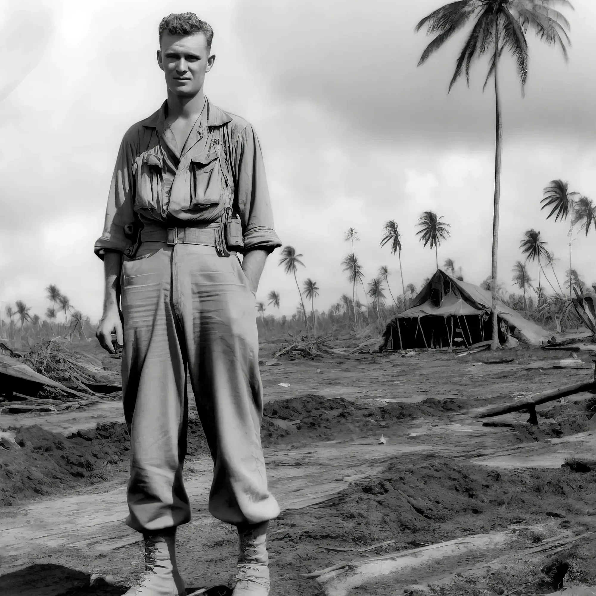 Jack Carson in military uniform standing in tropical setting with palm trees and tent, 1944.