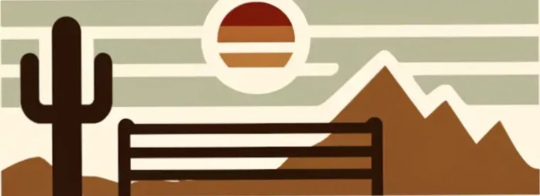 Retro illustration of a desert landscape with a saguaro cactus, wooden fence, mountains, and striped sun in warm earth tones.