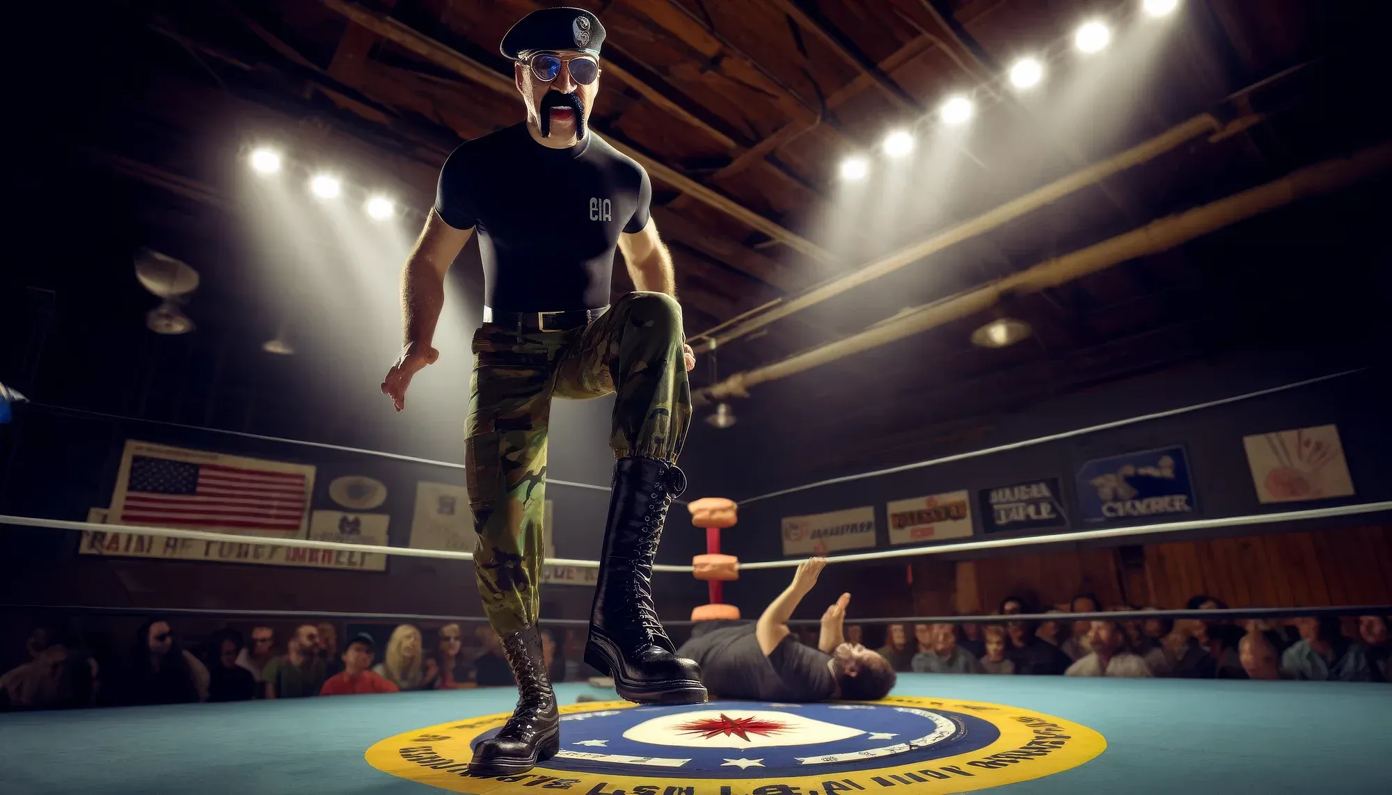Spike Striker in CIA cap and sunglasses stands over a downed opponent in a wrestling ring, arms raised, circa 1983.
